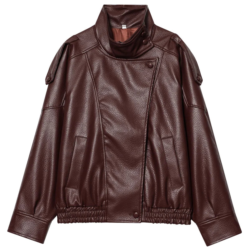Women's Oversized Faux Leather Bomber Jacket – Zip-Up Cropped Coat