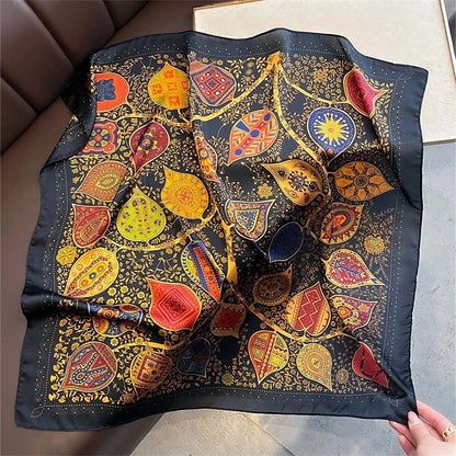 Satin Square Scarf Women Cute Cat Print Headscarf Neckerchief