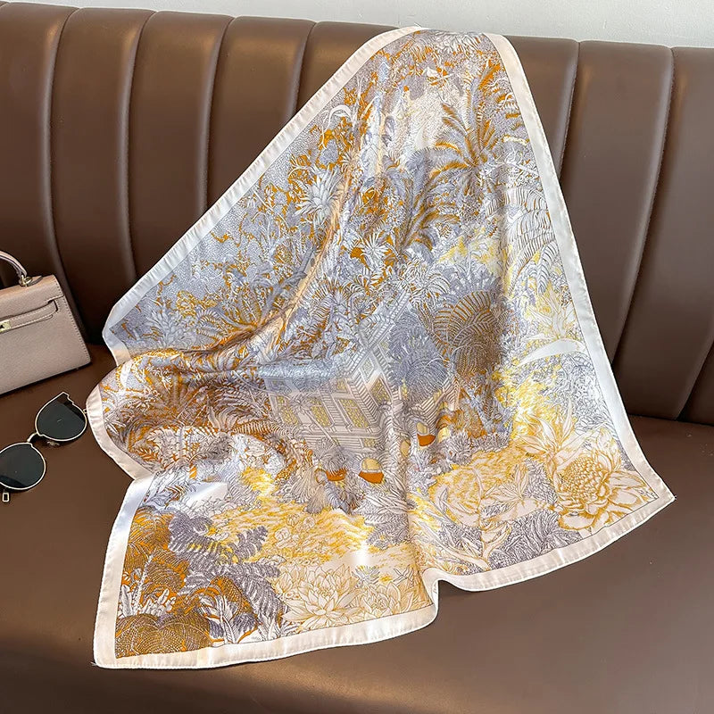 Silk-Feel Square Scarf – Women's Satin Print Neckerchief & Hair Band