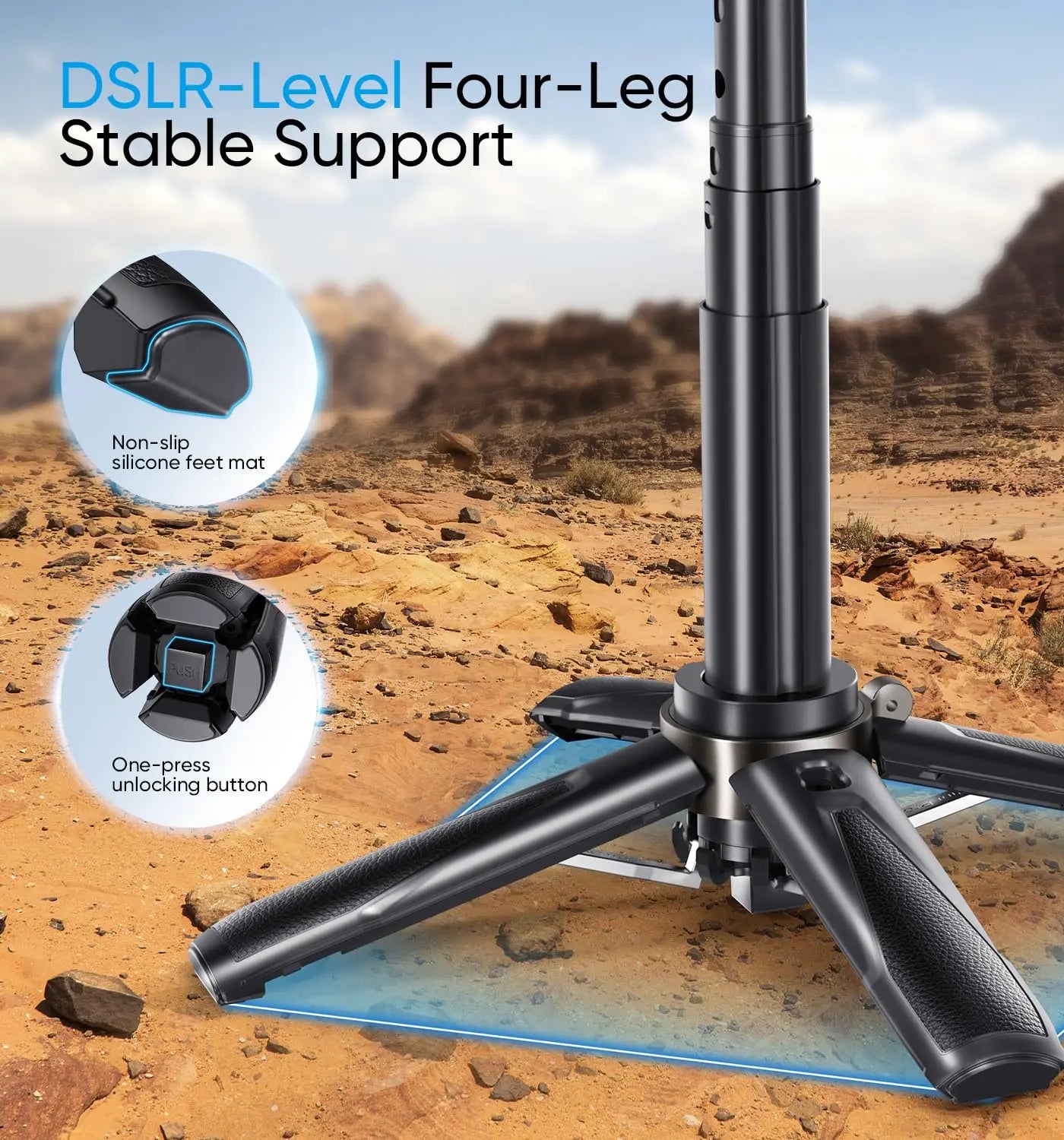 Mini Selfie Stick Tripod with One-Touch Remote & Carabiner Clip