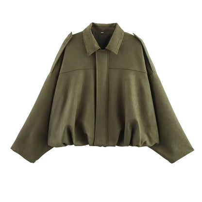 Women's Oversized Suede Bomber Jacket – Long Sleeve Zip-Up Streetwear Coat