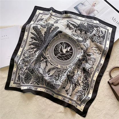 Silk-Feel Square Scarf – Luxury Letter Print Satin Kerchief for Women