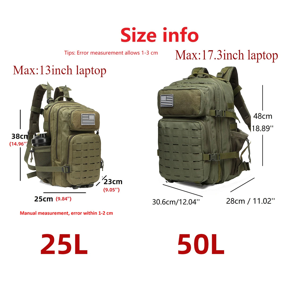 Tactical Backpack 25L/50L MOLLE Military Rucksack with 2 Bottle Holders for Hiking & Outdoor