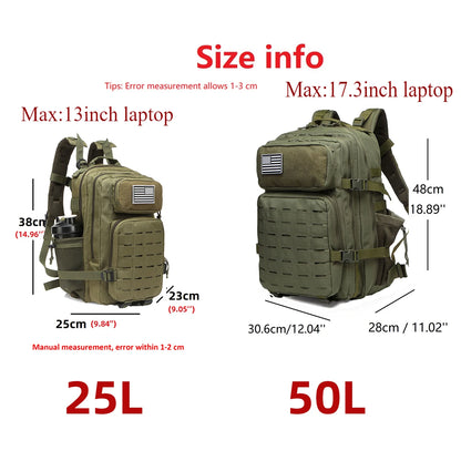 Tactical Backpack 25L/50L MOLLE Military Rucksack with 2 Bottle Holders for Hiking & Outdoor