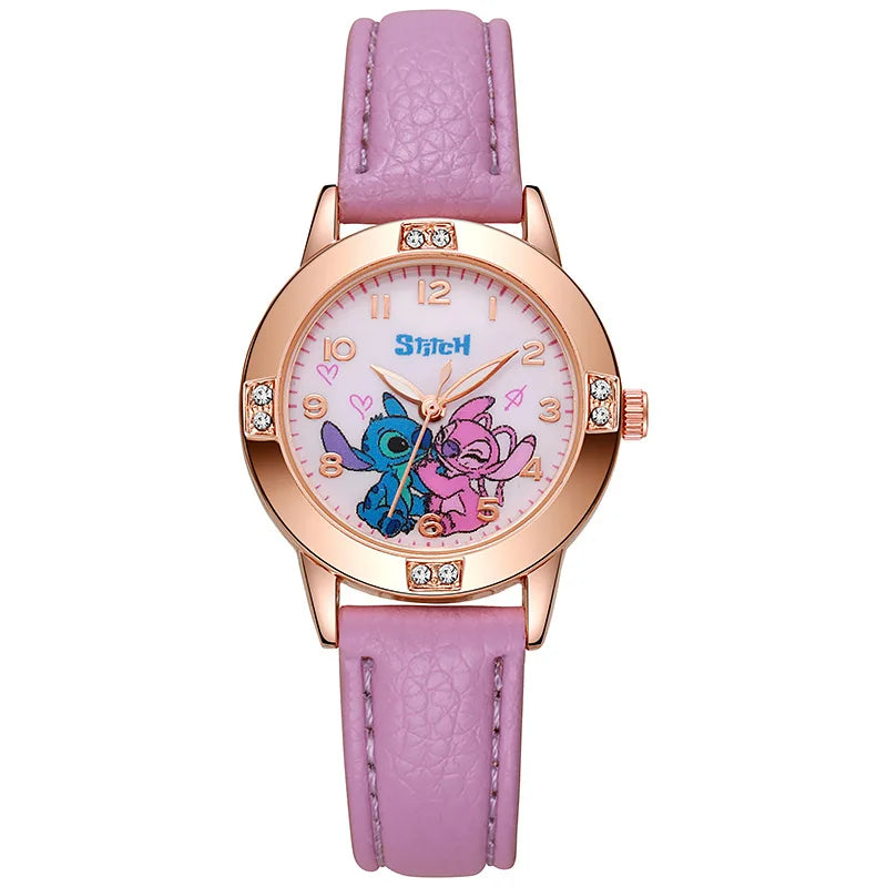 Stitch Kids Watch for Girls – Leather Strap Rhinestone Cartoon Dial