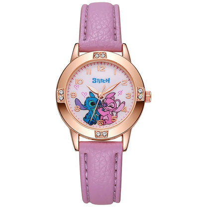 Stitch Kids Watch for Girls – Leather Strap Rhinestone Cartoon Dial