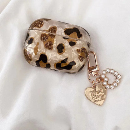 Leopard Print AirPods Case with Pearl Chain – Glossy Protective Cover for AirPods 1/2/3 & Pro