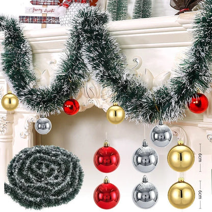Christmas Tinsel Garland with Bows – Snow-Tipped Xmas Tree Ribbon Decoration