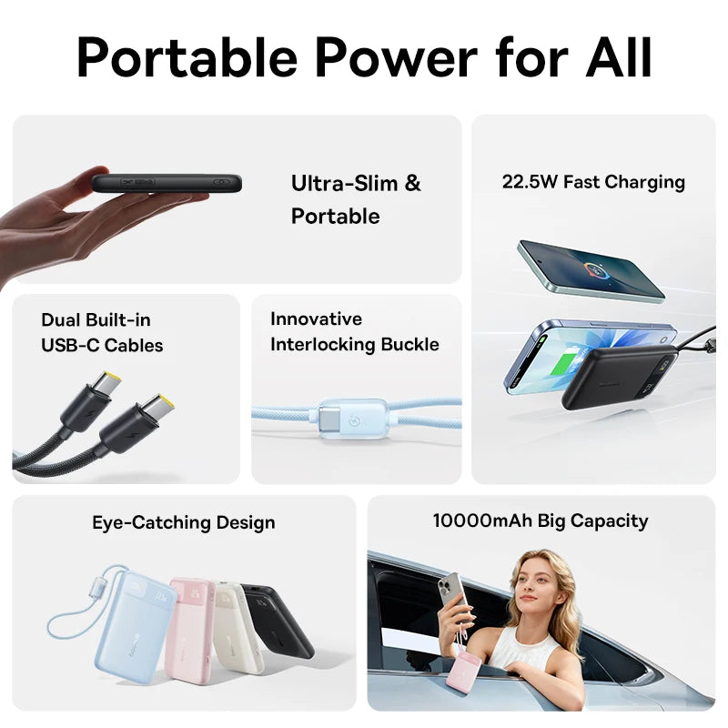 Baseus 10000mAh Power Bank 22.5W Fast Charging with Built-In Dual USB-C Cable