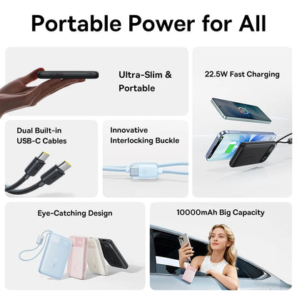 Baseus 10000mAh Power Bank 22.5W Fast Charging with Built-In Dual USB-C Cable
