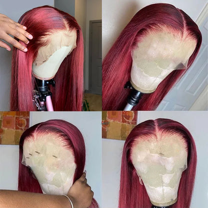 99J Burgundy Straight Human Hair Wig – 13x6 HD Lace Front, Pre-Plucked
