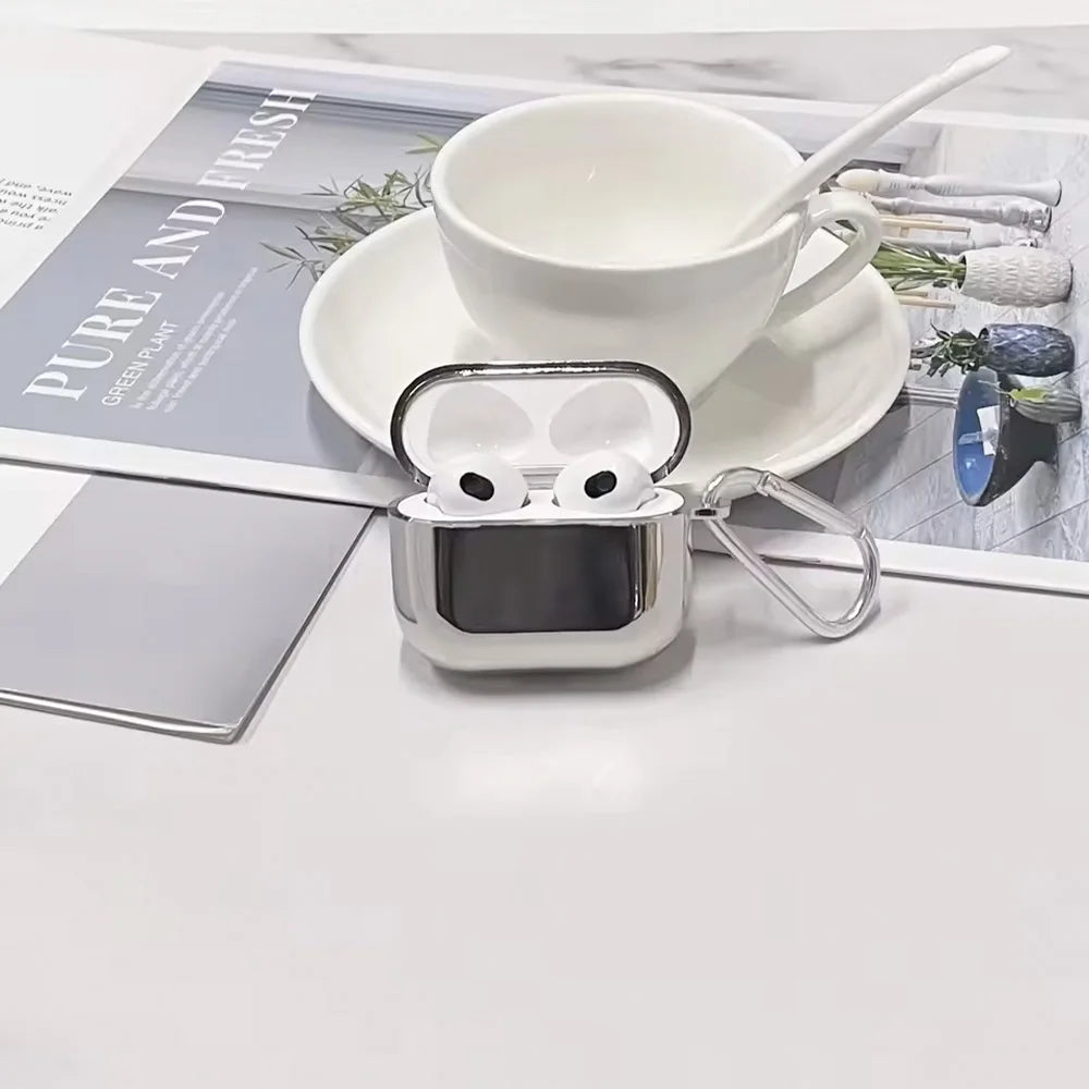 Silver Chrome AirPods Case – Electroplated Mirror Cover with Carabiner