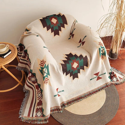 Aztec Boho Throw Blanket with Fringe – Southwestern Woven Tapestry, 2 Colors