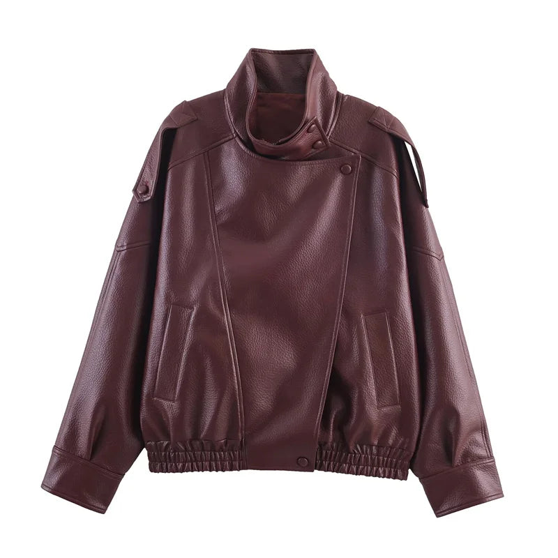 Women's Faux Leather Moto Jacket – Pebble Texture Autumn Coat