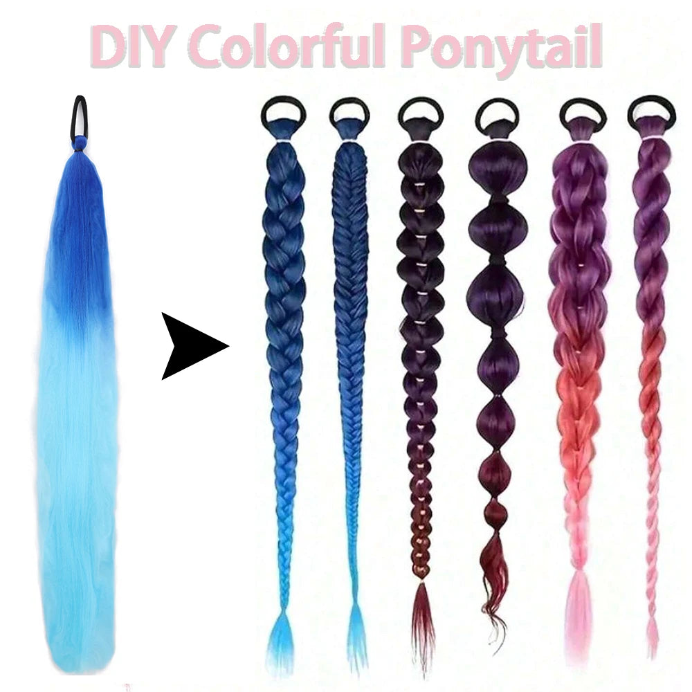 Synthetic Ponytail Hair Extension 2pcs – Long Straight, Colorful, Braiding Hairpiece with Rubber Band