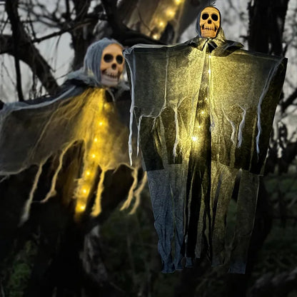 Halloween Hanging Skeleton Ghost Decoration – Glowing Skull with Gauze Robe
