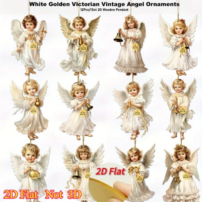 Vintage Christmas Angel Wooden Ornaments – Set of 12