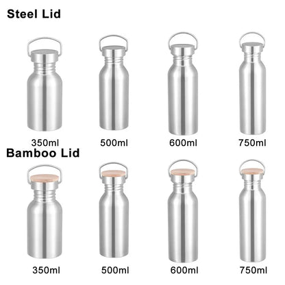 Stainless Steel Sports Water Bottle – Bamboo or Steel Lid