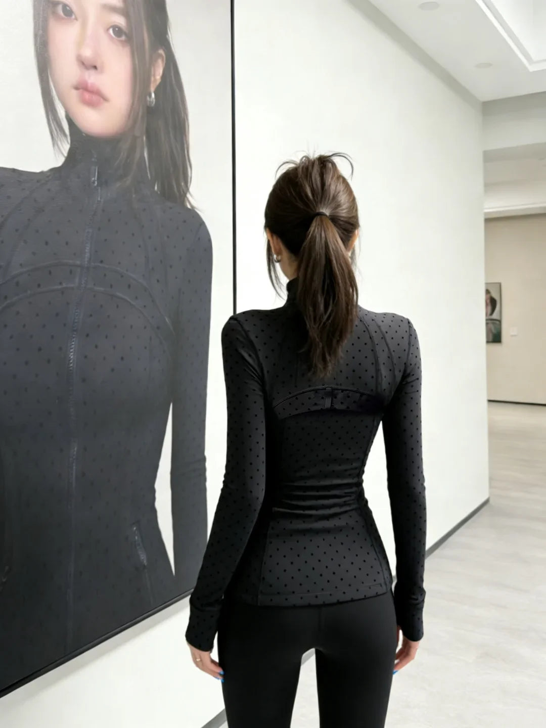 Polka Dot Zip-Up Jacket Women Stand Collar Slim Fit Outerwear