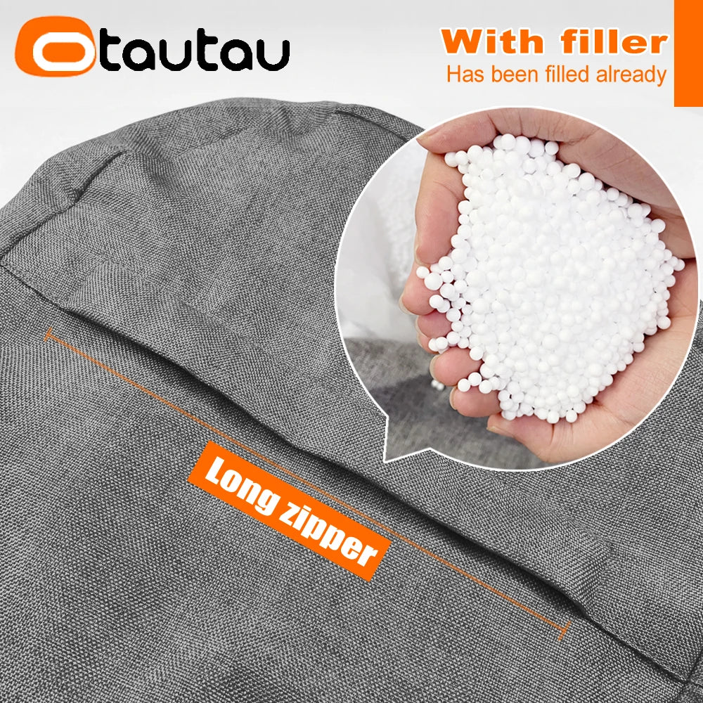 Round Linen Pouf Ottoman – Bean Bag Footstool Floor Cushion