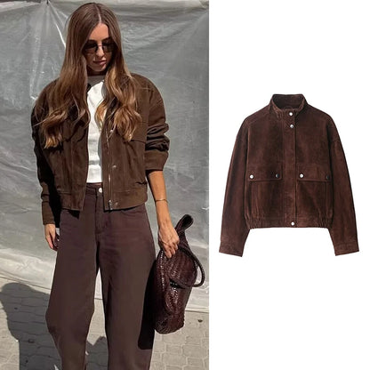 Women's Brown Suede Bomber Jacket with Big Pockets