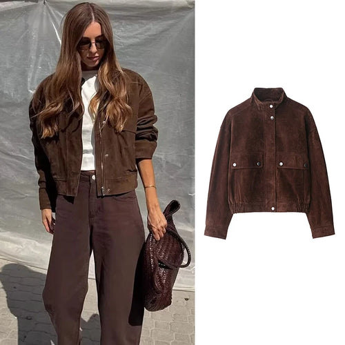Women's Brown Suede Bomber Jacket with Big Pockets