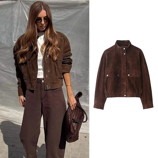 Women's Brown Suede Bomber Jacket with Big Pockets