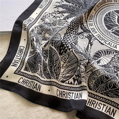 Silk-Feel Square Scarf – Luxury Letter Print Satin Kerchief for Women
