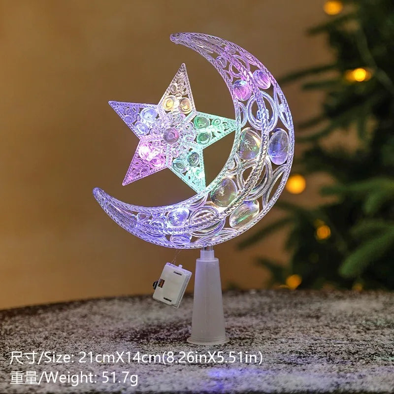 LED Moon & Star Christmas Tree Topper Light – Warm White Glow