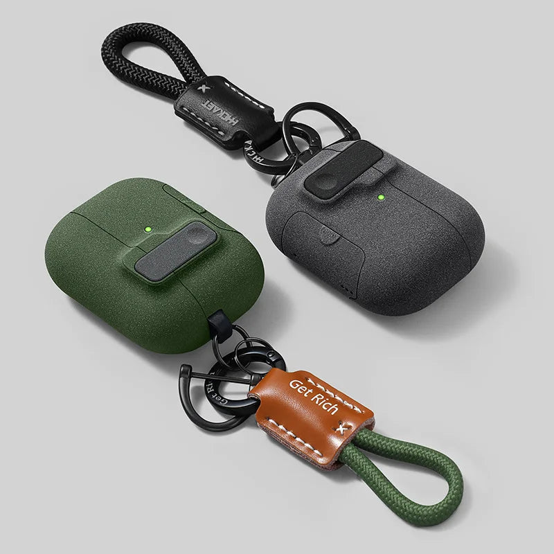 Magnetic Lock AirPods Case – Frosted Matte Cover with Carabiner & Strap