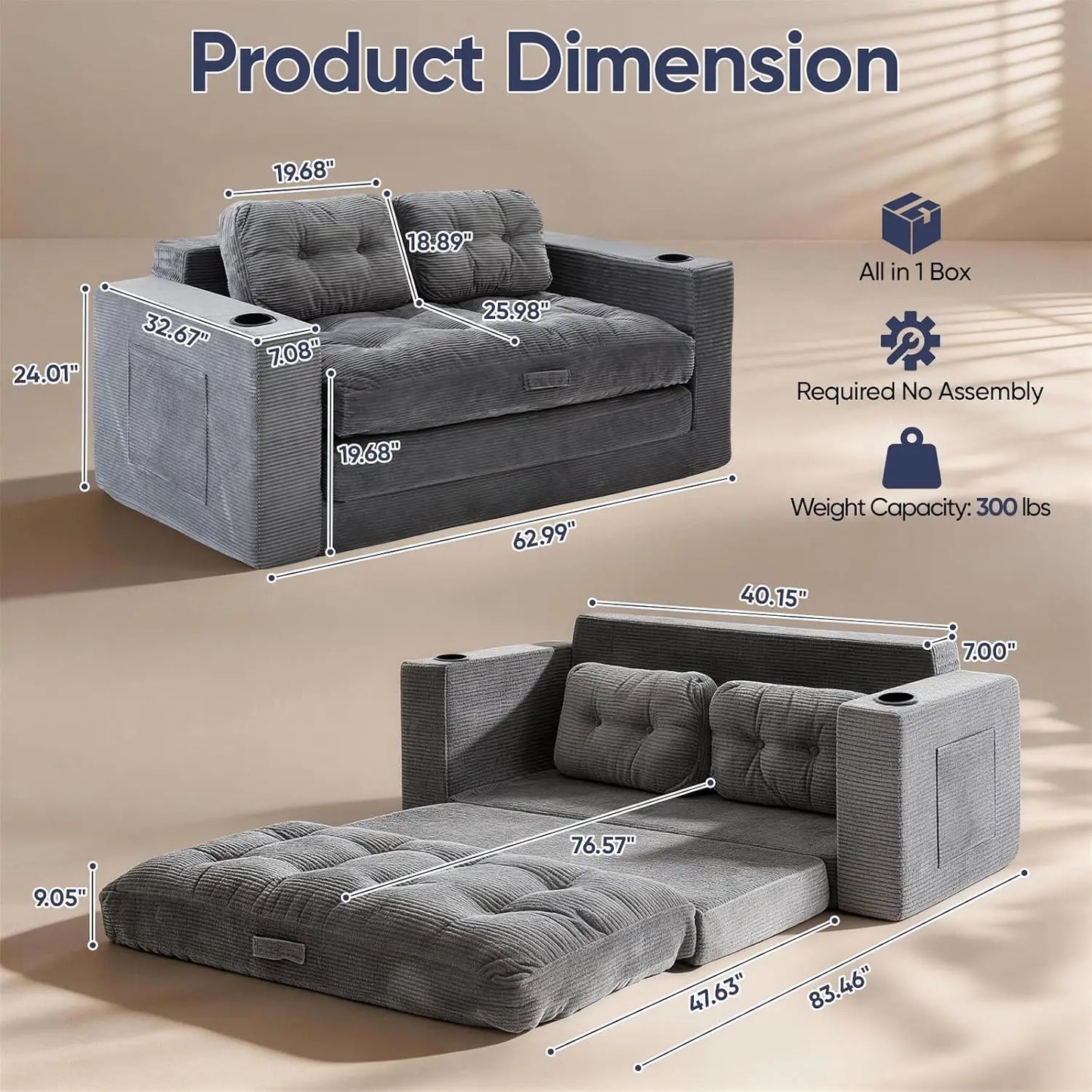 Convertible Corduroy Loveseat Sleeper Sofa Bed with Cup Holders