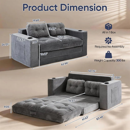 Convertible Corduroy Loveseat Sleeper Sofa Bed with Cup Holders