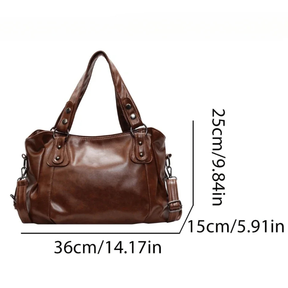 Large Leather Shoulder Bag for Women – Retro Crossbody Tote