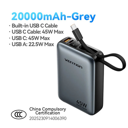 Vention 20000mAh Power Bank 45W Fast Charging with Built-In USB-C Cable