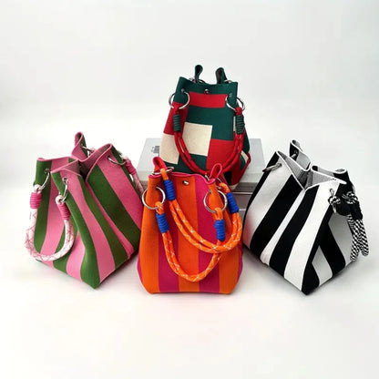 Color-Block Knitted Bucket Bag – Retro Striped Handbag