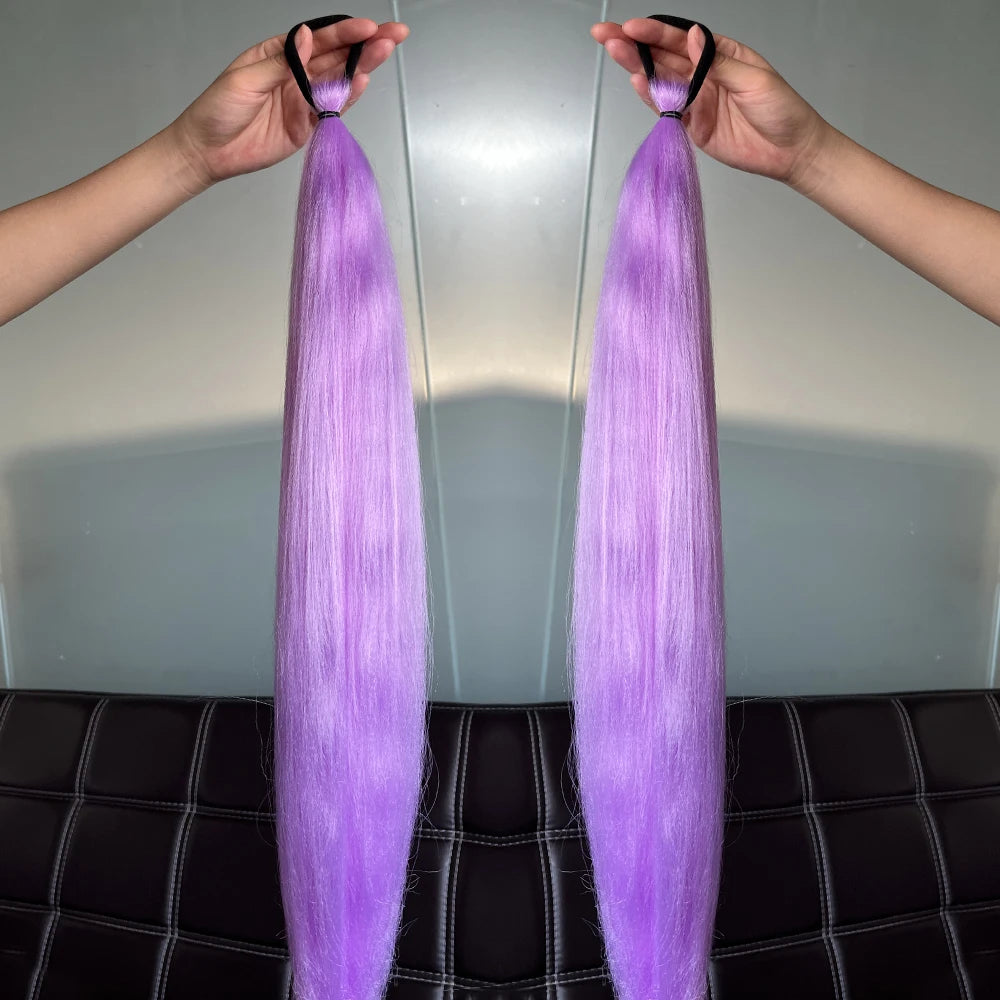 Synthetic Ponytail Hair Extension 2pcs – Long Straight, Colorful, Braiding Hairpiece with Rubber Band