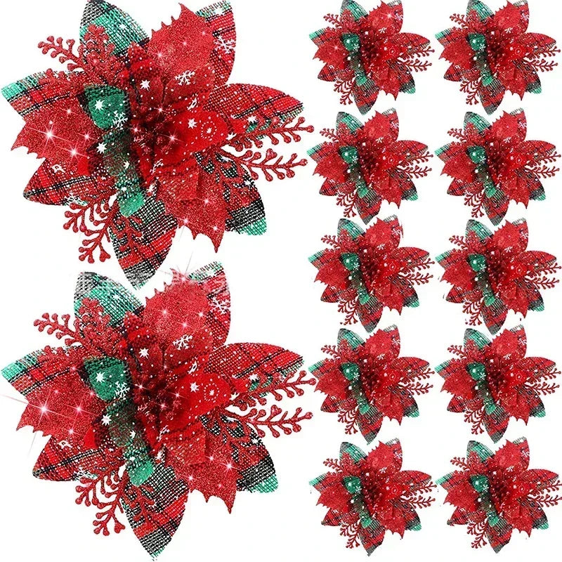 Glitter Artificial Christmas Poinsettia Flowers – Set of 5