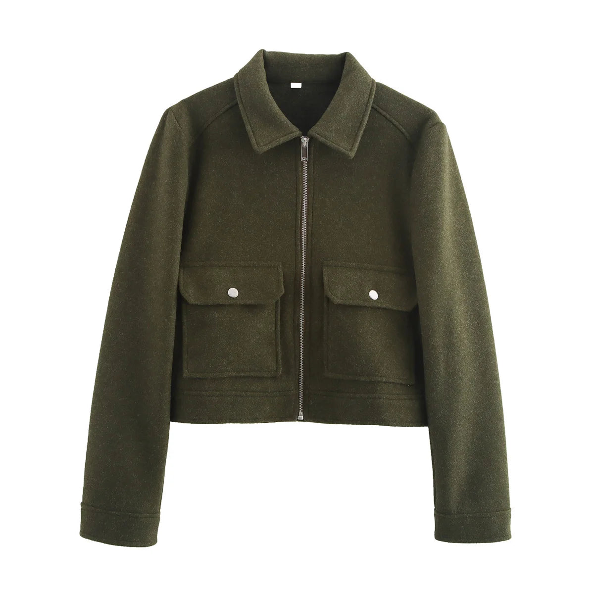 Women's Cropped Zip-Up Jacket – Short Elegant Coat with Snap Pockets