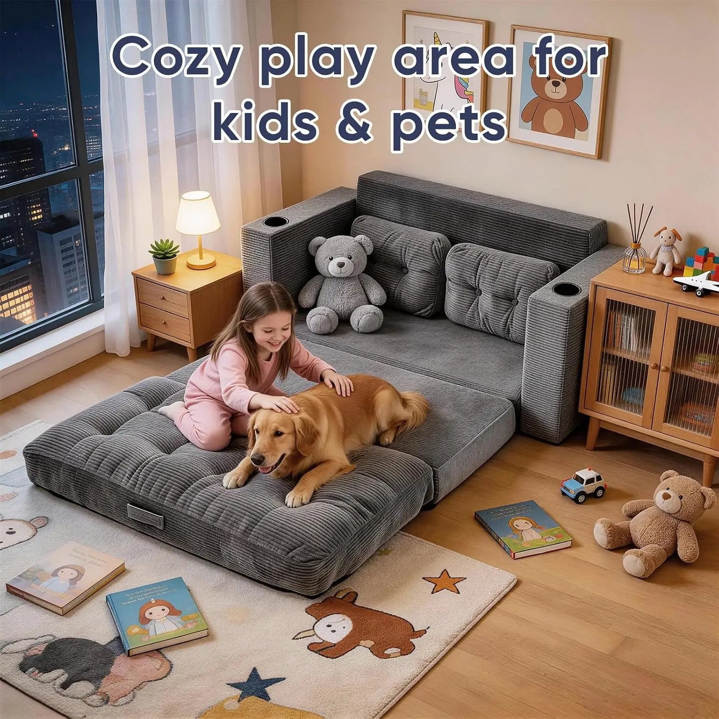 Convertible Corduroy Loveseat Sleeper Sofa Bed with Cup Holders