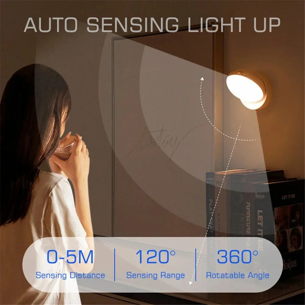 Motion Sensor Round LED Night Light – USB Rechargeable, Energy Saving