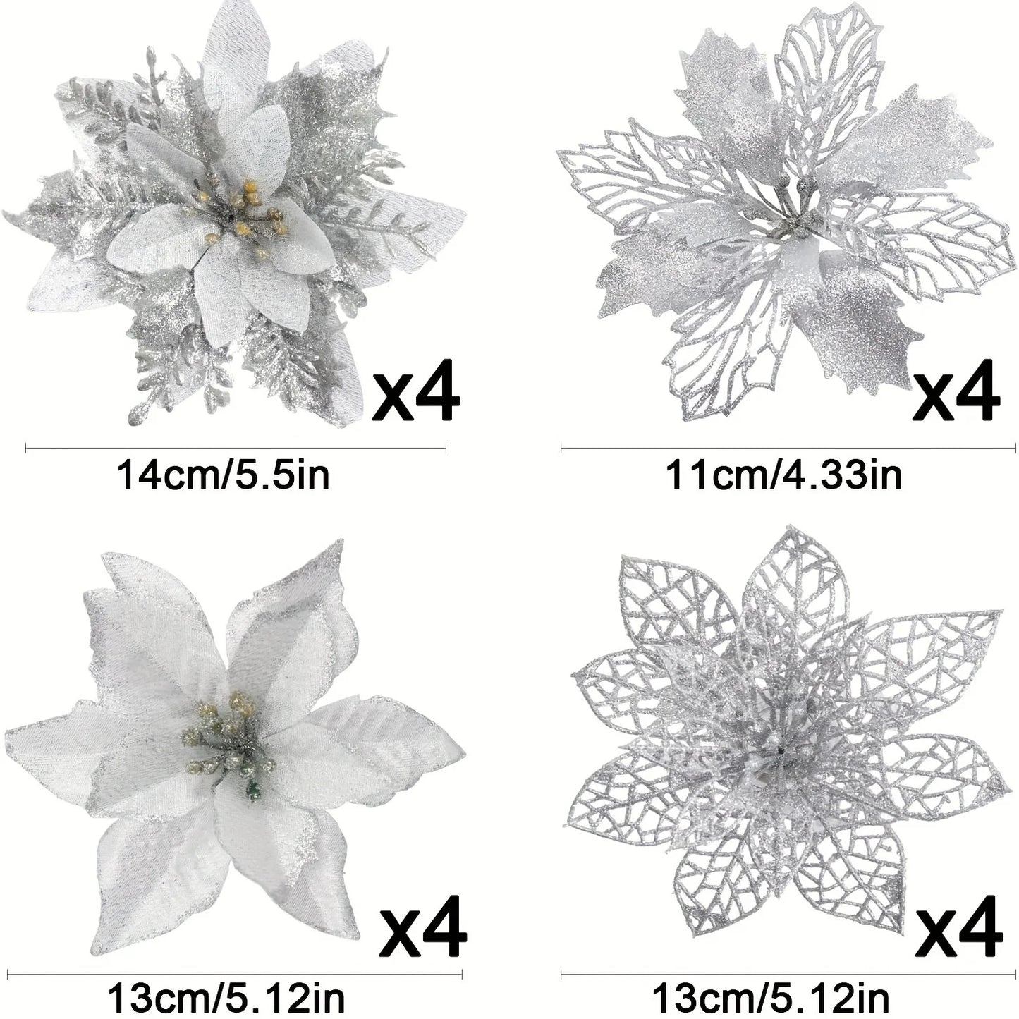 Glitter Artificial Christmas Poinsettia Flowers – 8 or 16 Piece Set