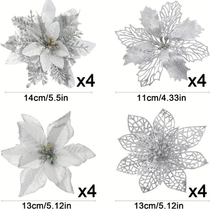 Glitter Artificial Christmas Poinsettia Flowers – 8 or 16 Piece Set
