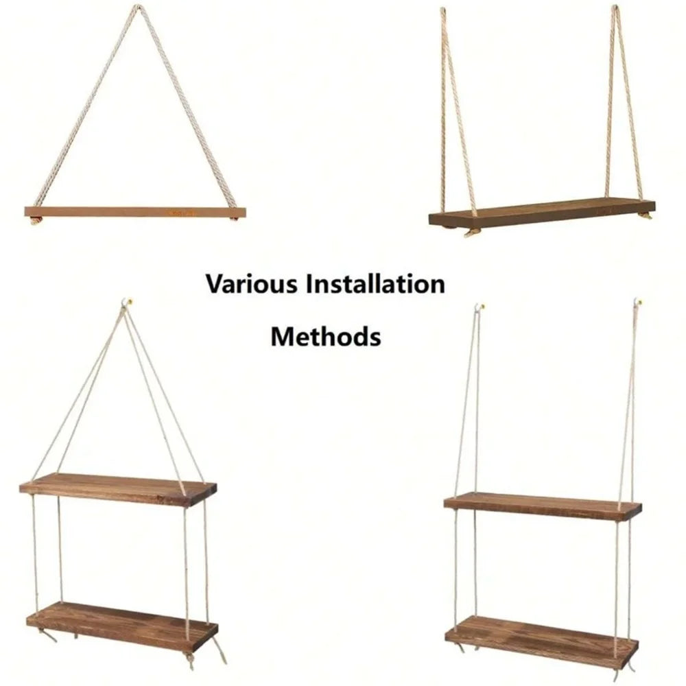 Wood Hanging Rope Swing Shelf – Wall Mounted Floating Shelf