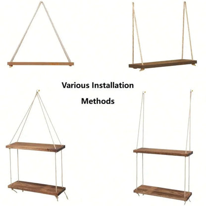 Wood Hanging Rope Swing Shelf – Wall Mounted Floating Shelf