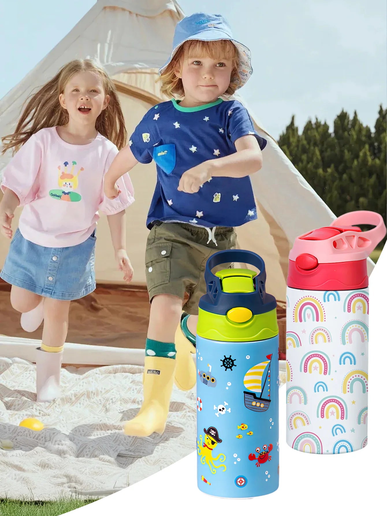 Kids Insulated Water Bottle with Straw – 12oz Cute Cartoon Design