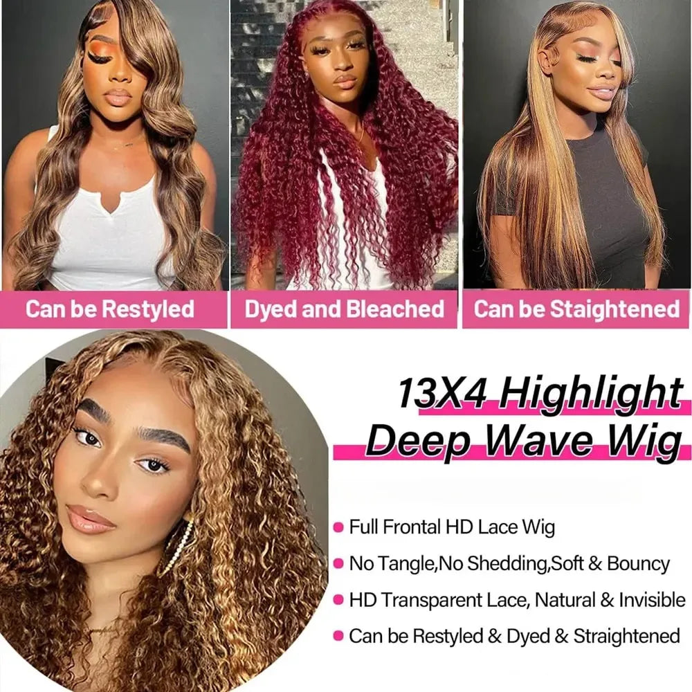 Highlight Curly Lace Front Wig Human Hair 180% 250% Density Glueless
