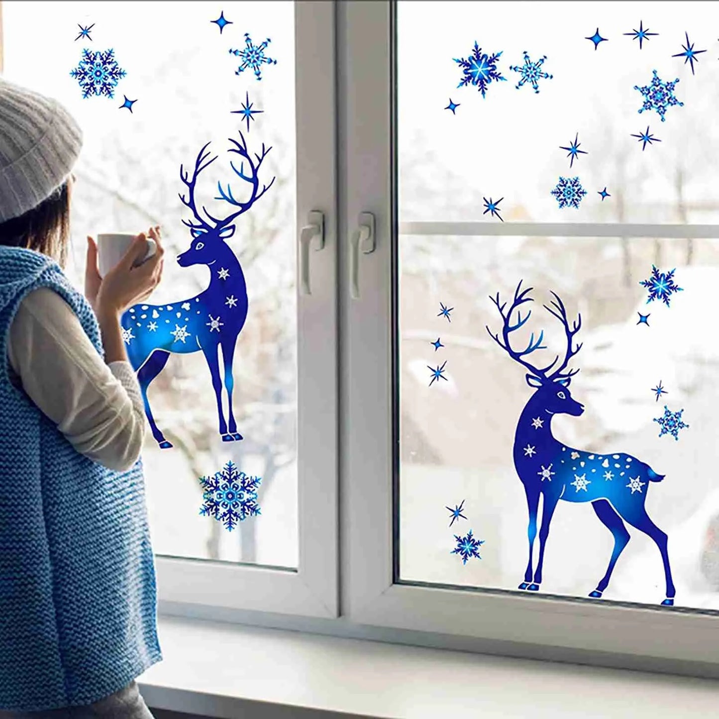 Christmas Window Clings – Blue Reindeer & Snowflake Stickers