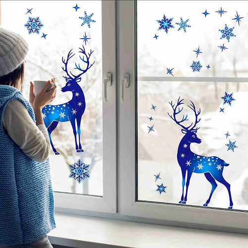Christmas Window Clings – Blue Reindeer & Snowflake Stickers