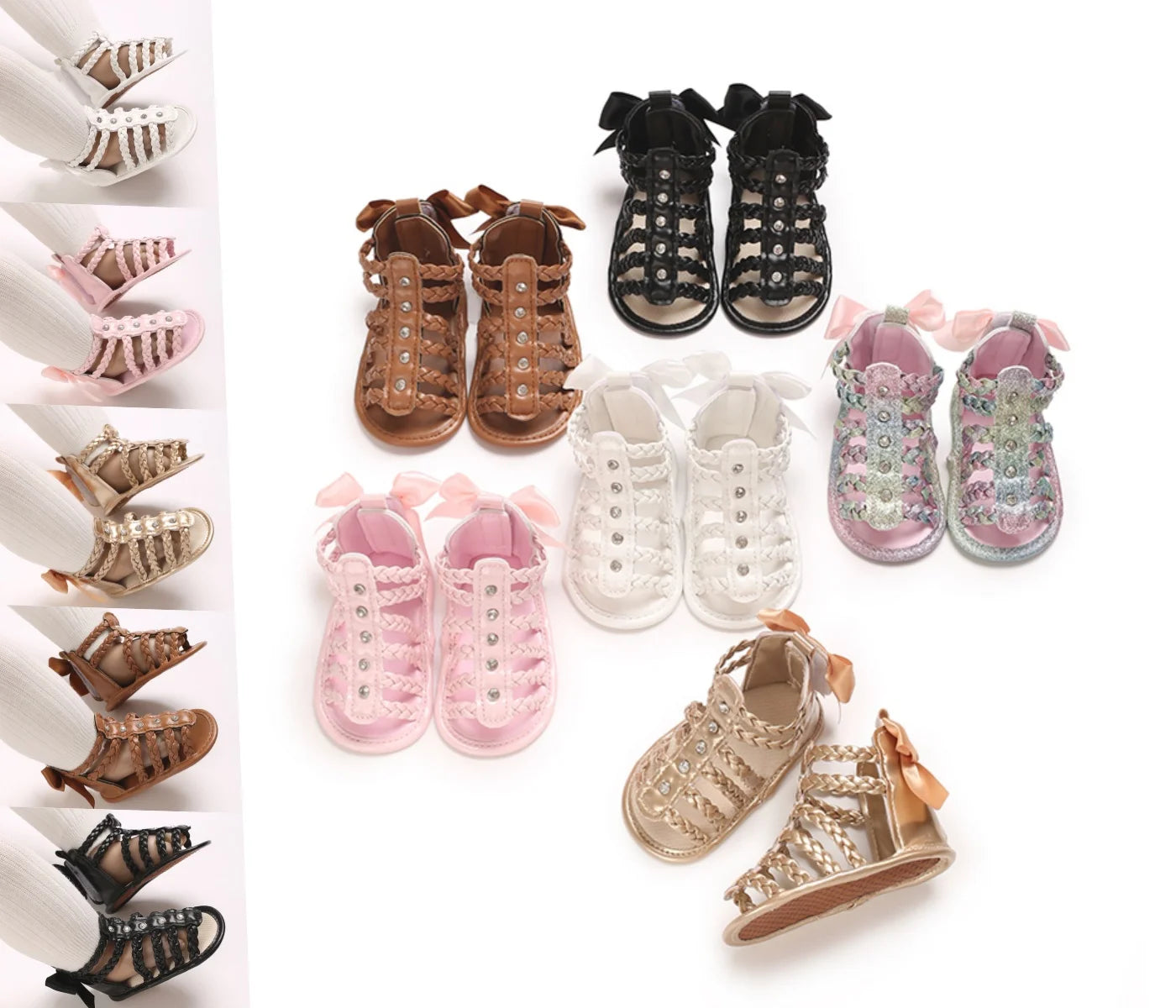 Baby Girl Roman Woven Sandals – Rivet Bow Open Toe 0–18 Months