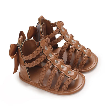 Baby Girl Roman Woven Sandals – Rivet Bow Open Toe 0–18 Months